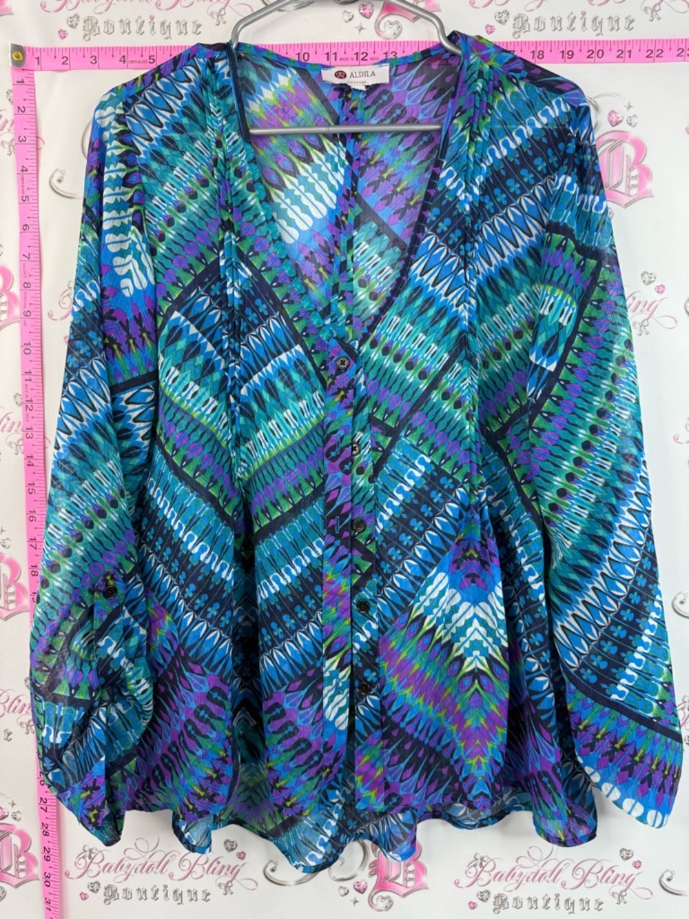 Aldila button up shirt, Paisley, Aztec flowy purple blue green button down top